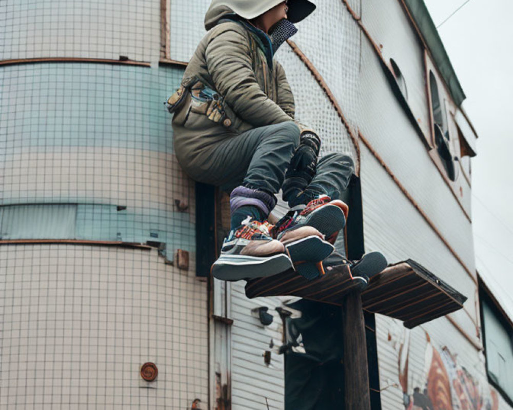 Person in Hooded Jacket Sitting on Urban Ledge