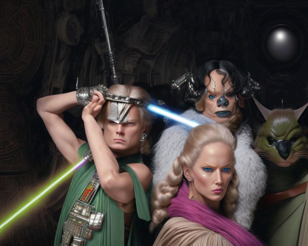 Four futuristic warriors in elaborate costumes and makeup with glowing swords on sci-fi backdrop.