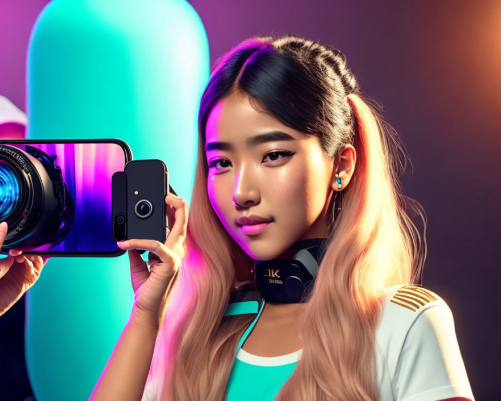Ombre-Haired Woman in Headphones with Smartphone on Neon Background
