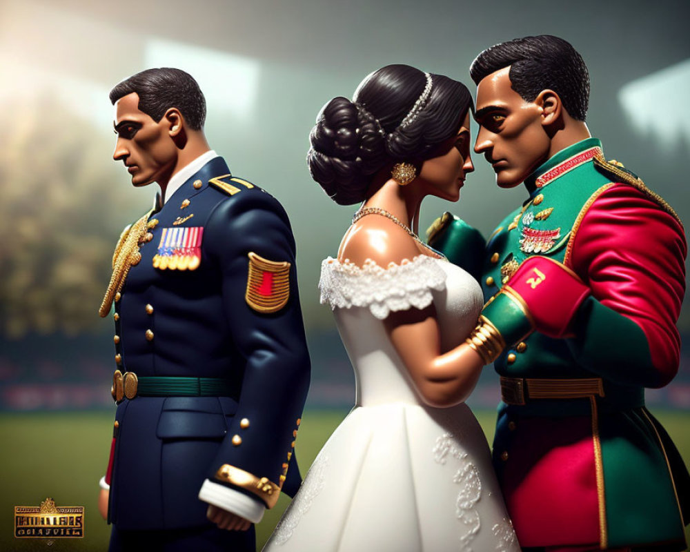 Stylized figurines of bride kissing military officer and standing officer.