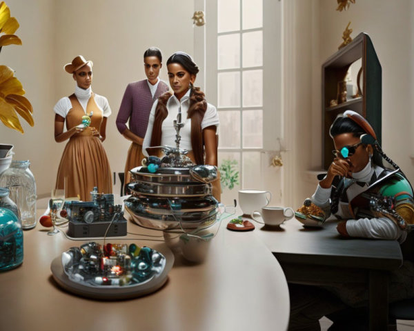 Four stylish individuals in retro-futuristic room with vintage electronics and levitating pancakes