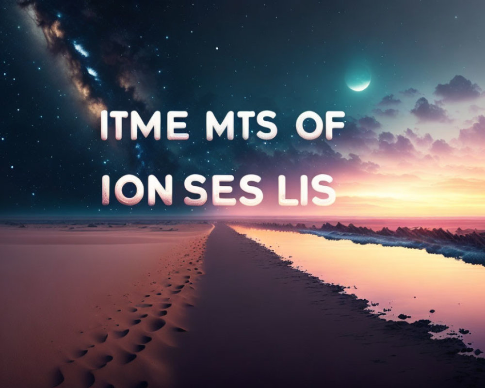 Twilight beach scene with footprints, vibrant sunset, starry sky, and superimposed text