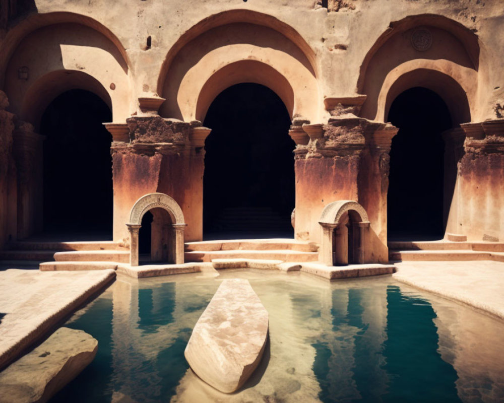Symmetrical steps and arched doorways in ancient bathhouse with central pool