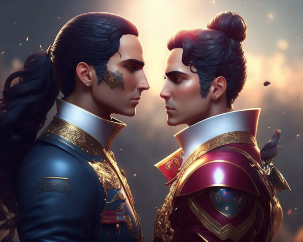 Stylized individuals in ornate uniforms with gold accents under warm light