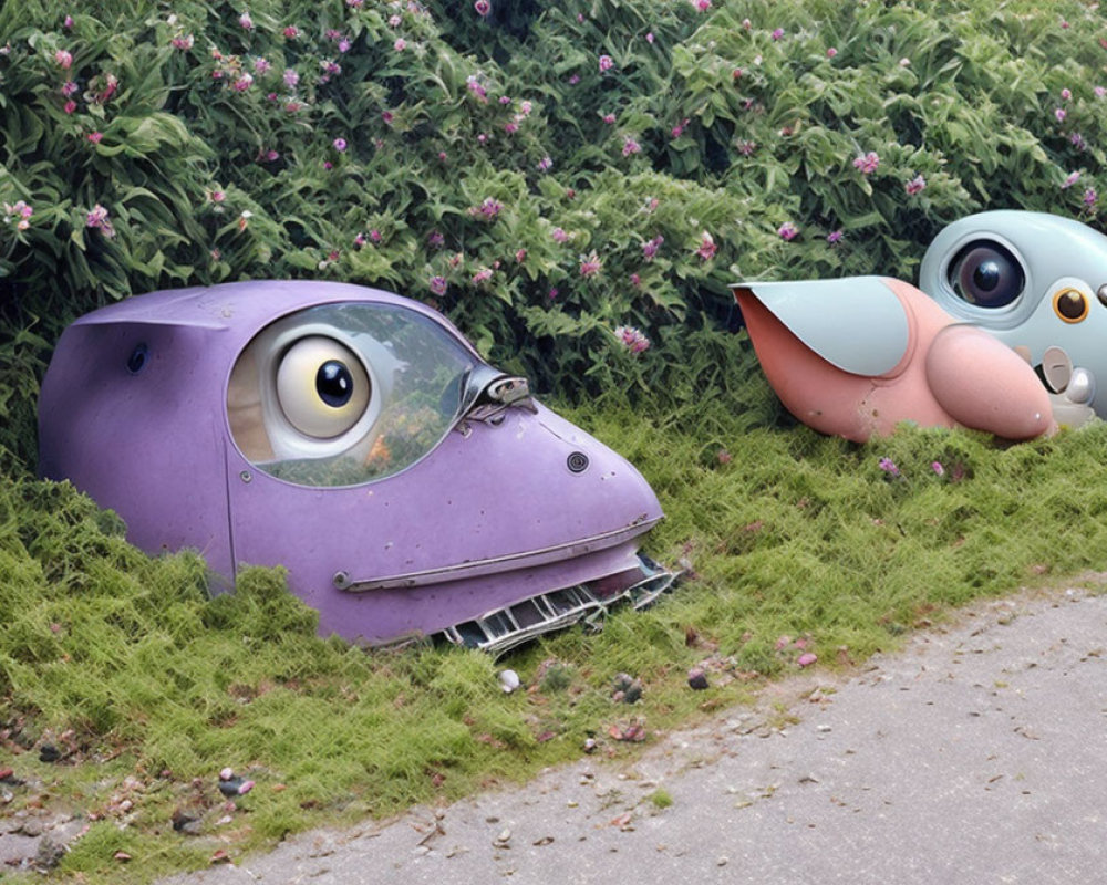 Cartoonish vehicles with expressive eyes in lush green bushes.