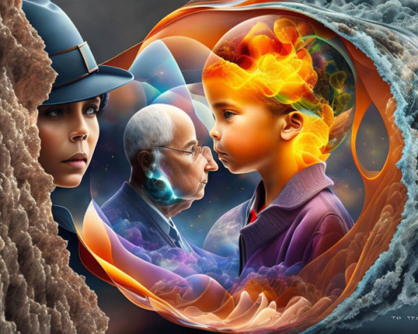 Digital art piece featuring woman, boy, and man in cosmic swirl with flames and nebula forms.