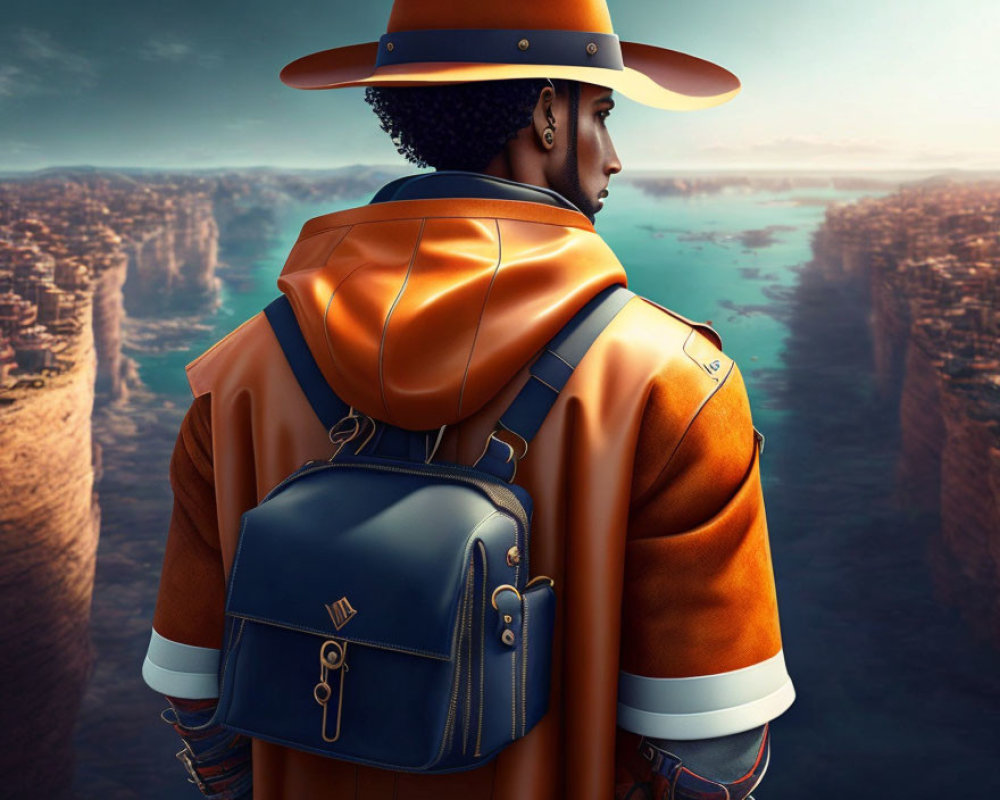 Stylish person in orange jacket and hat overlooking vast canyon with river below carrying blue backpack