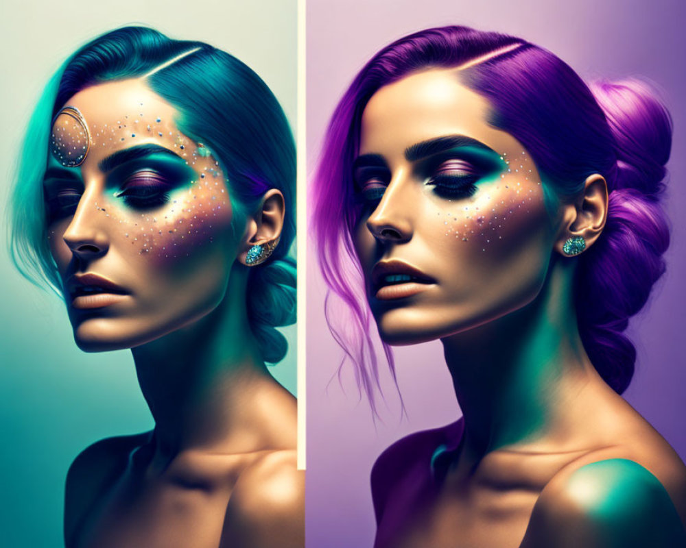 Split-image portrait of woman with turquoise and purple makeup, sparkling adornments, and color-matched hair