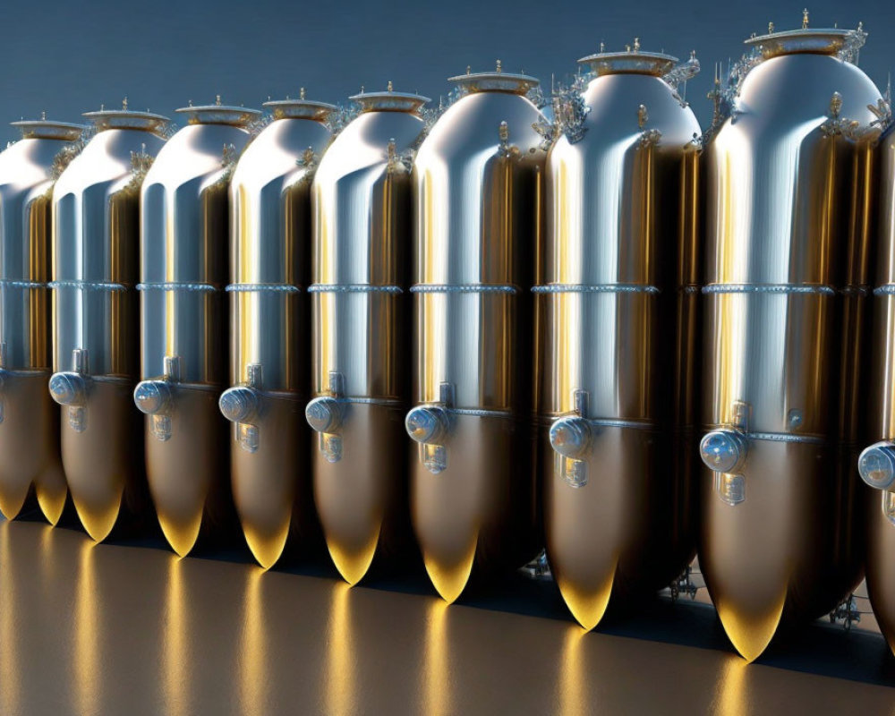 Row of Shiny Metal Pressure Vessels with Valves and Gauges