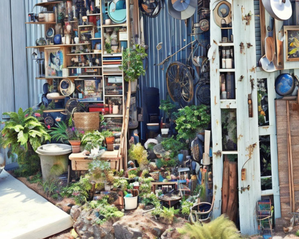 Eclectic outdoor decor with plants and vintage items against metal wall