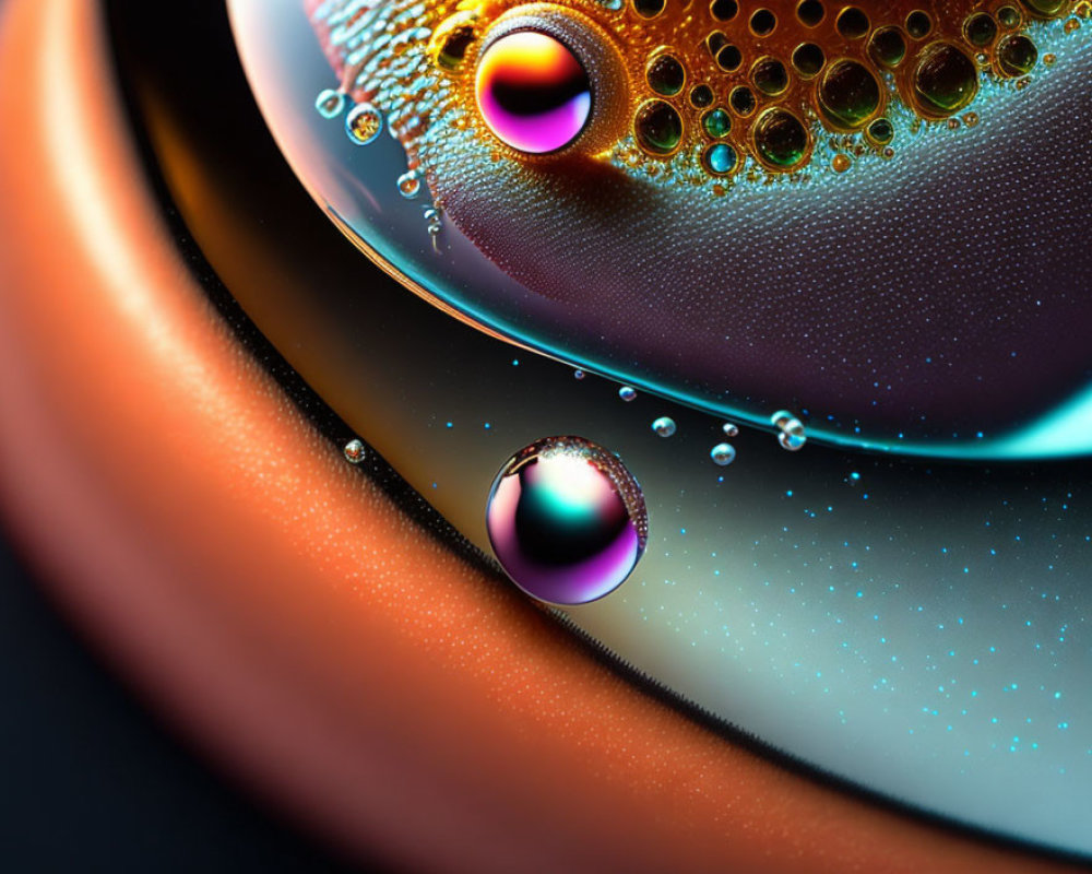 Vibrant iridescent bubbles on dark background with dynamic flow