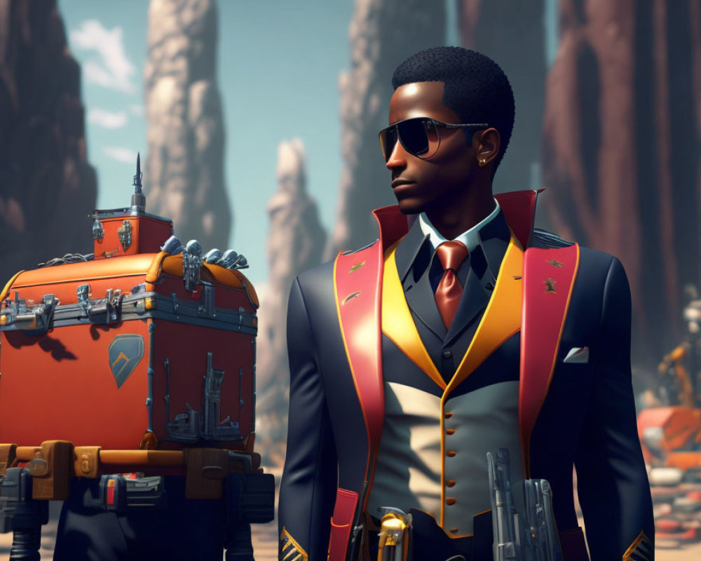 Stylized image of a man in a suit with video game aesthetics in desert landscape