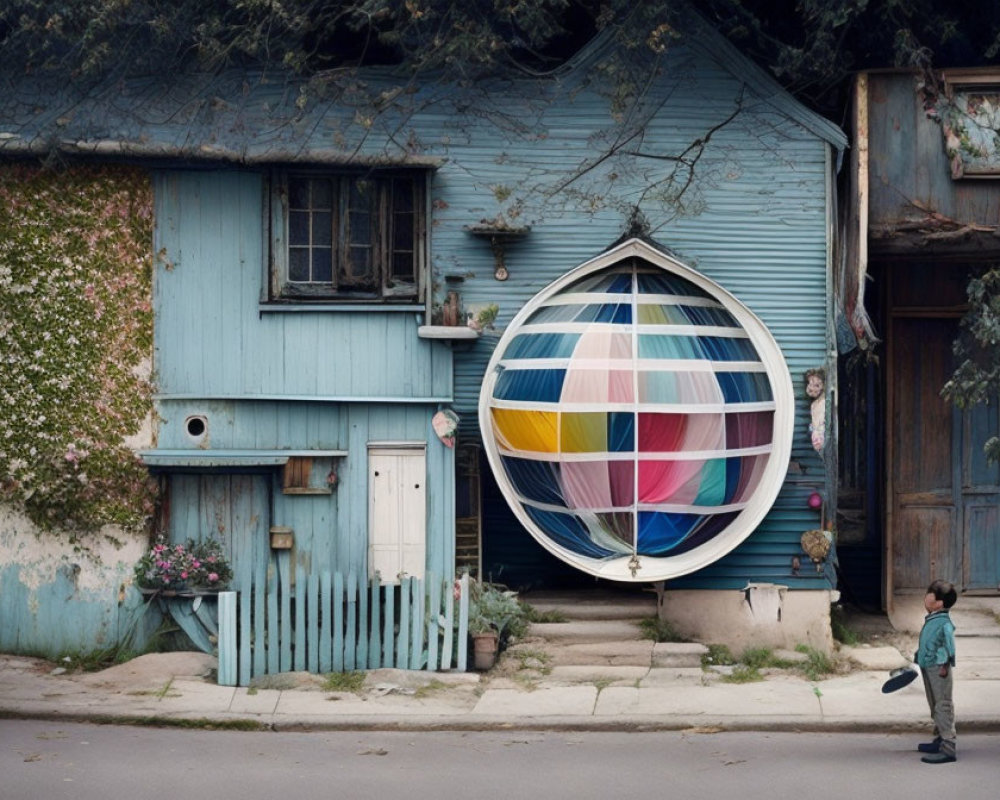 Child in front of rustic blue house with oversized colorful teardrop art installation