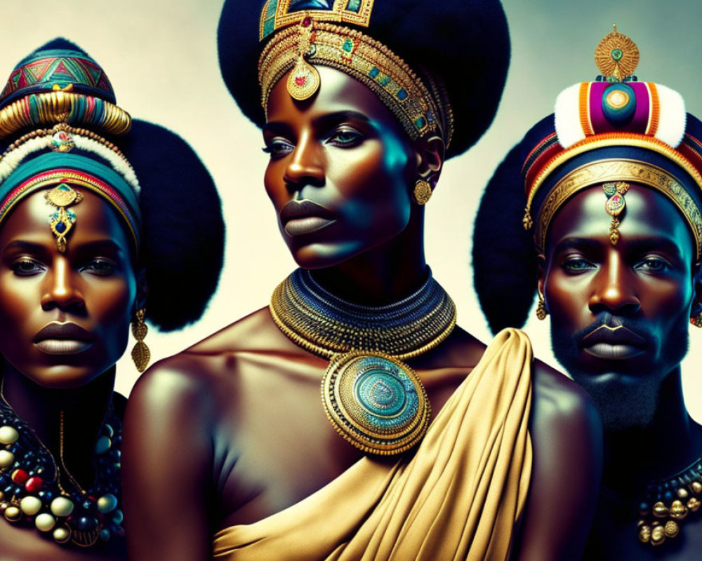 Three individuals in African tribal makeup and headgear against brown background