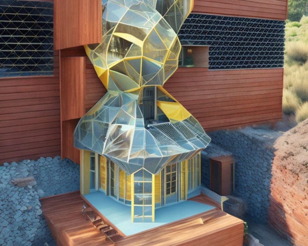 Geometric glass structure intertwines with wooden panels in natural setting