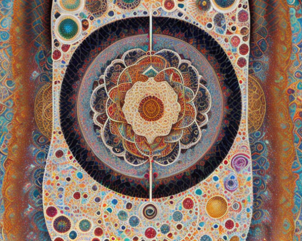 Colorful psychedelic artwork with face and concentric circles in symmetrical design