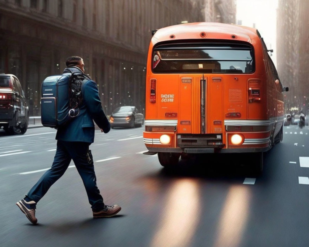Person in Blue Suit Crossing City Street with Orange Bus