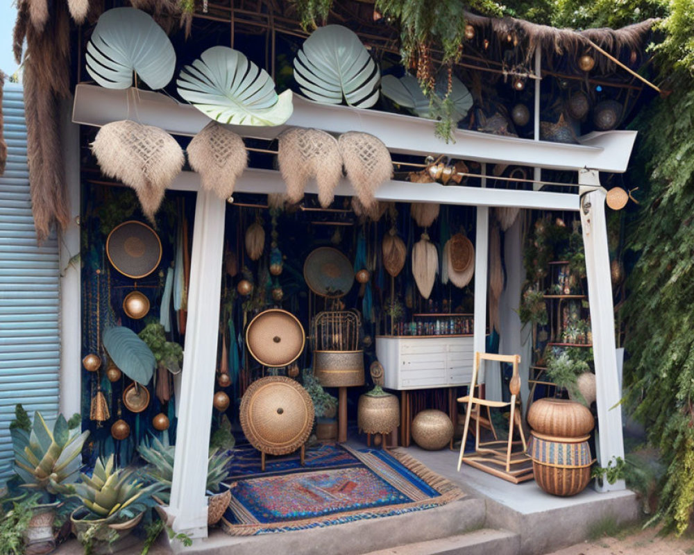 Bohemian-style shop front with wicker decorations, leaf motifs, and hanging plants.