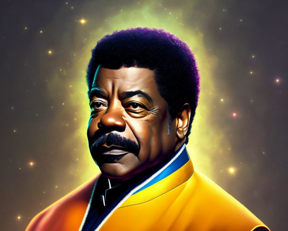 Man with Afro and Mustache in Yellow and Blue Outfit on Starry Space Background