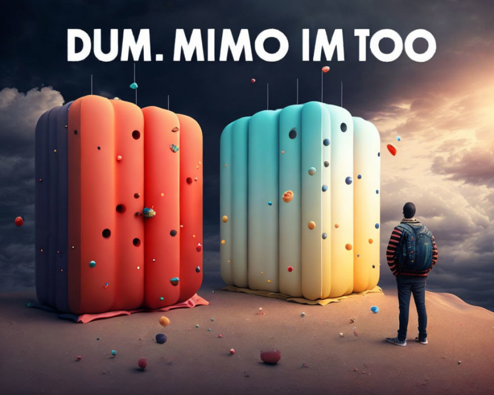 Person with backpack at colorful climbing walls under dramatic sky with overhead phrase.