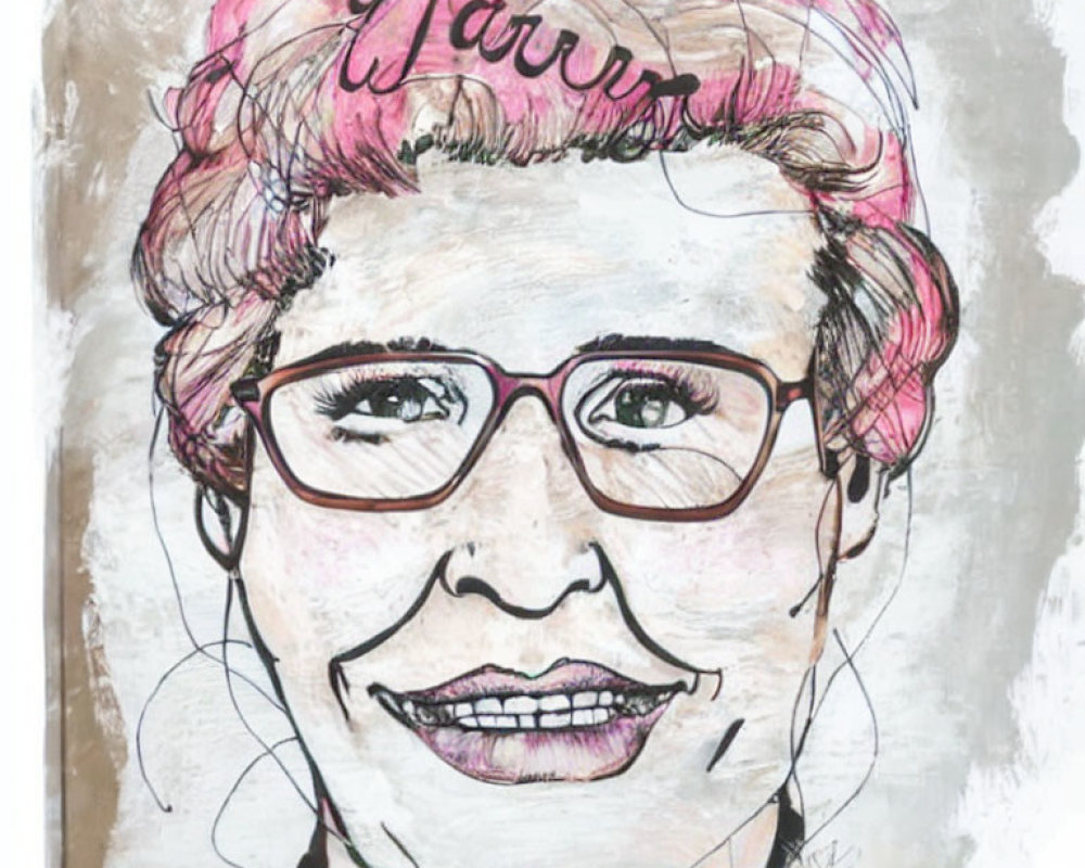 Smiling person with glasses and pink-highlighted curly hair portrait.