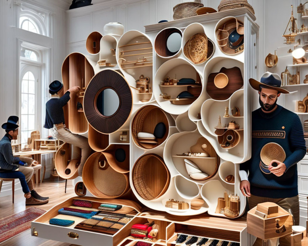 Unique Circular Shelving Room with Three Individuals engaging with Objects