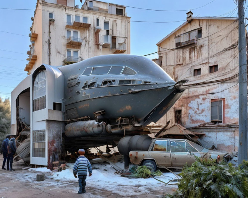 Child views airplane fuselage in urban scene with debris and vehicles.