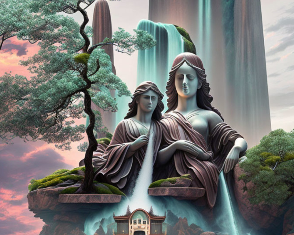 Surreal landscape with classical statues, waterfall, columns, house, and UFO