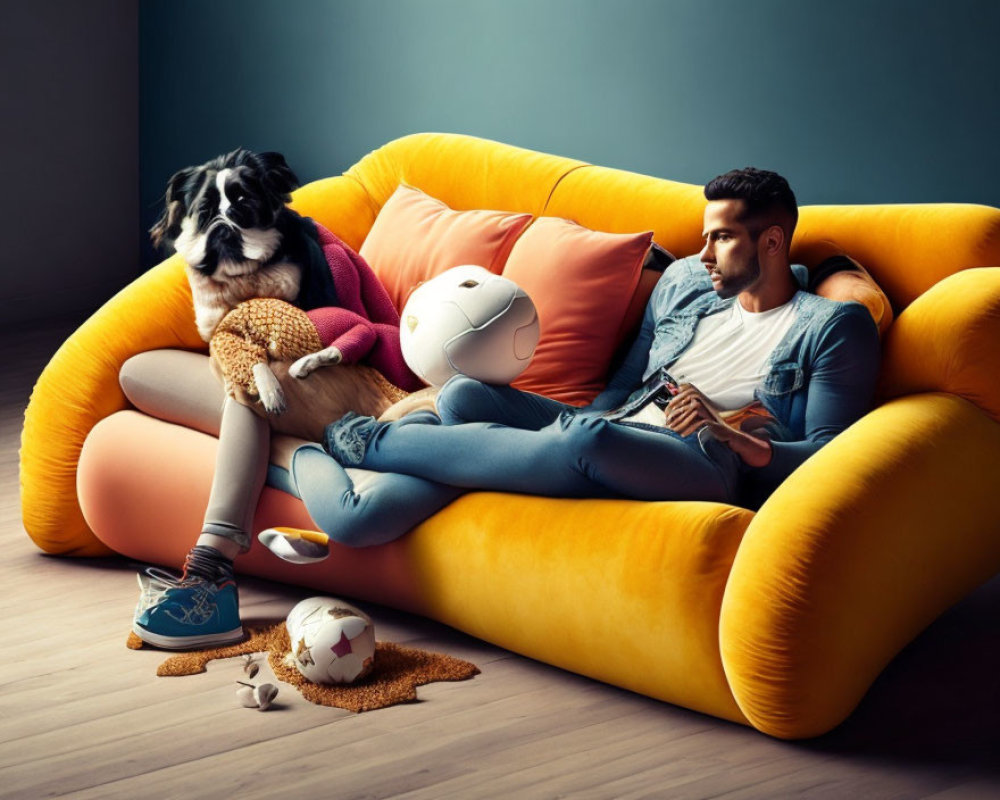 Man and dog on yellow-orange couch with video game, glasses, teddy bear, snacks, and