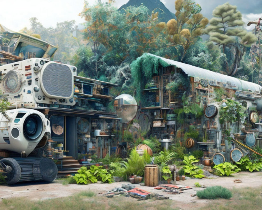 Overgrown futuristic structure with intertwined vegetation and electronics