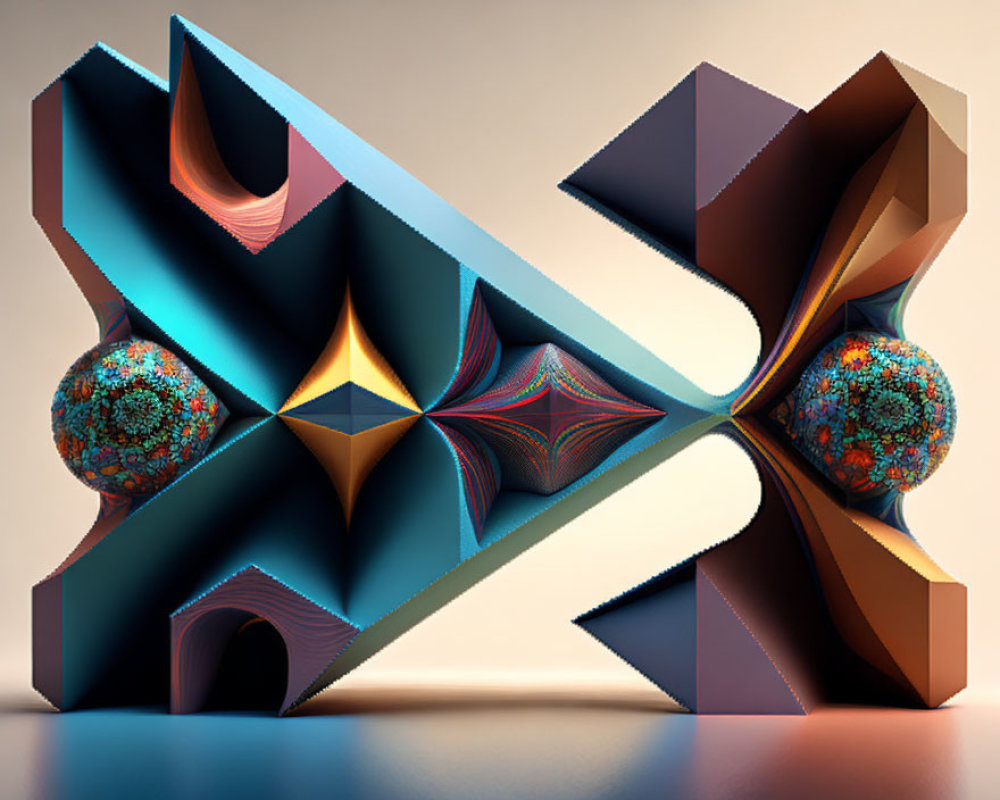 Interwoven geometric shapes in blue, orange, and brown tones with ornate spheres