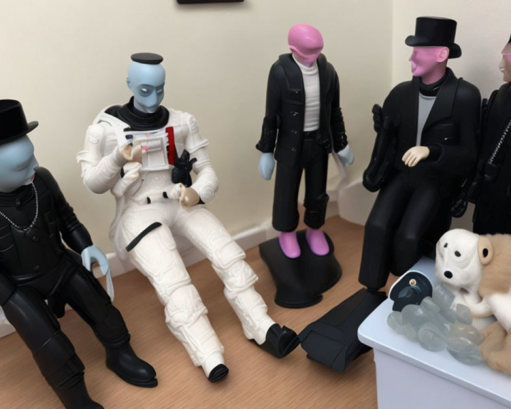 Five stylized figures in various outfits with a small dog figure on a shelf.