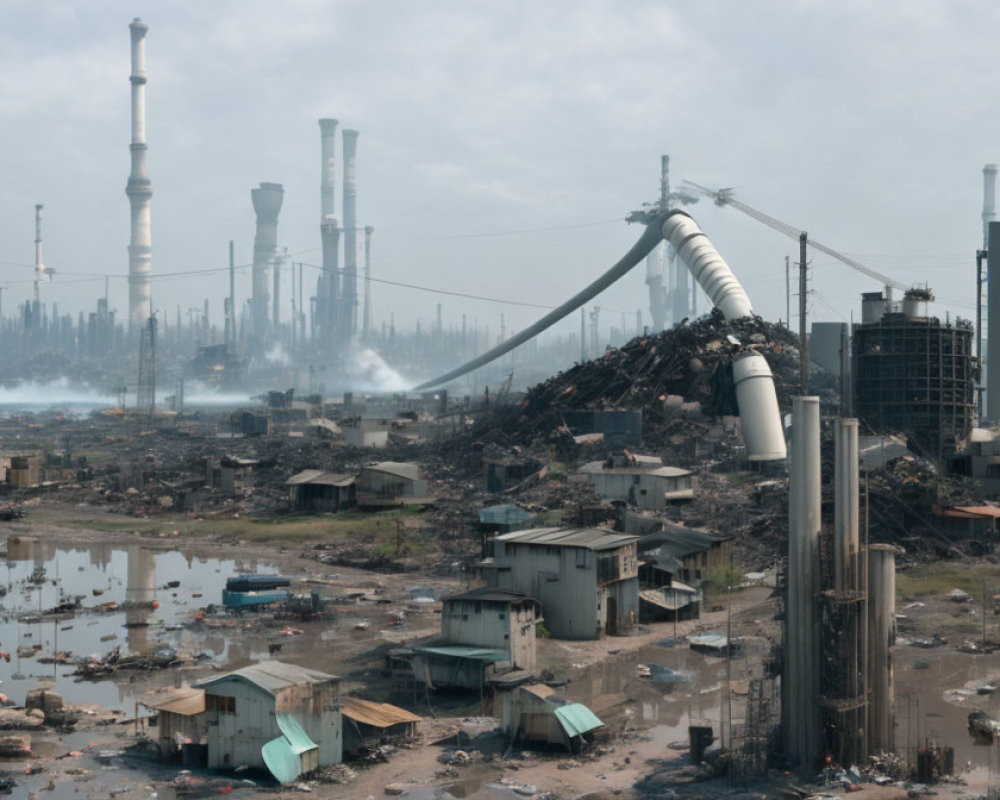 Industrial area with smokestacks, pipeline, buildings, and debris under hazy sky