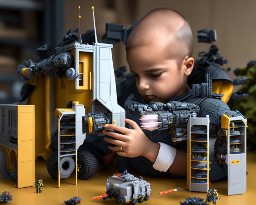 Child assembling grey toy robot in sci-fi miniature setup