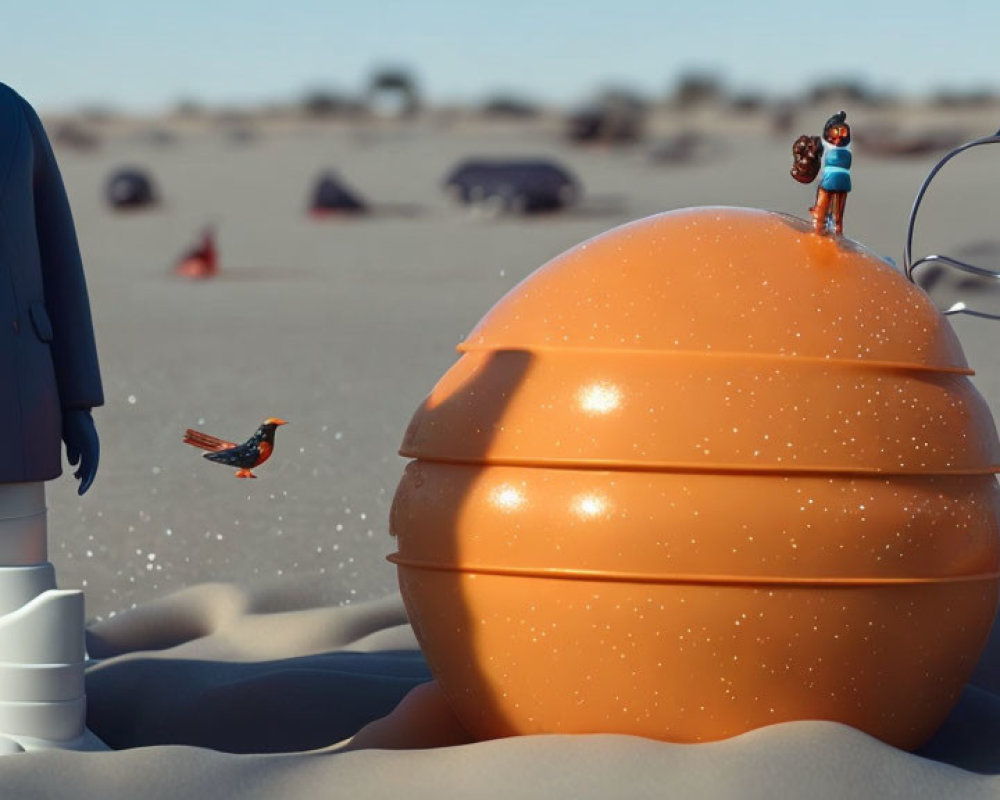 Surreal desert scene with oversized citrus fruit and levitating creatures