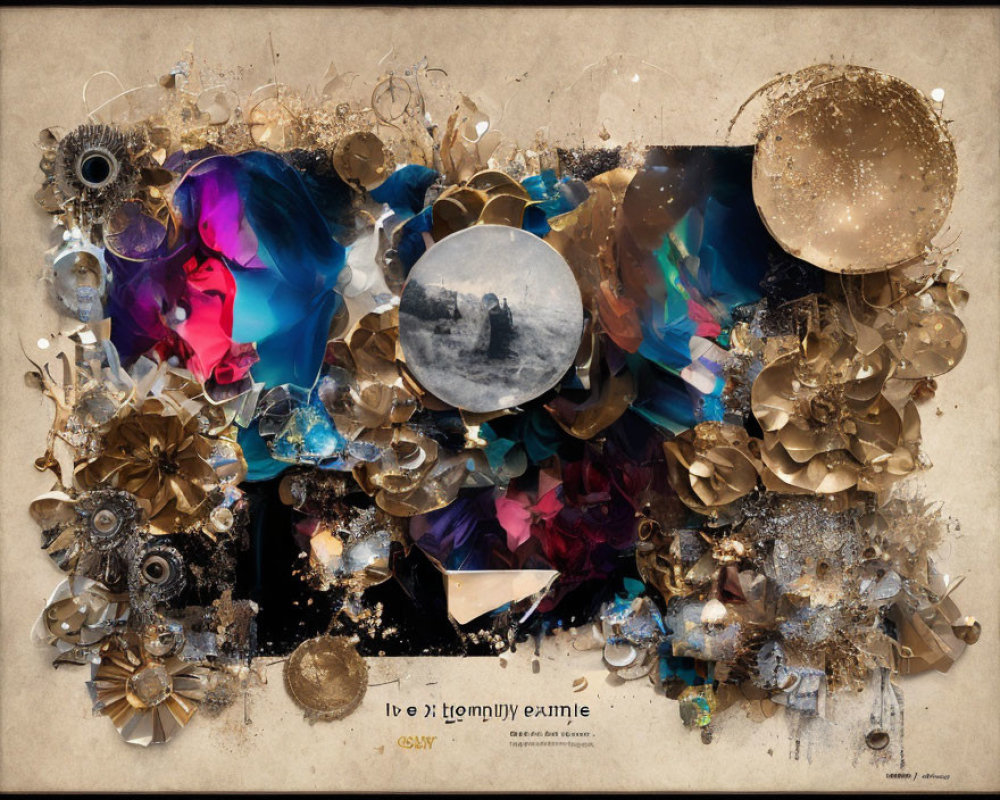 Abstract Collage: Blue and Pink Hues, Metallic Flowers, Vintage Photo on Textured Background