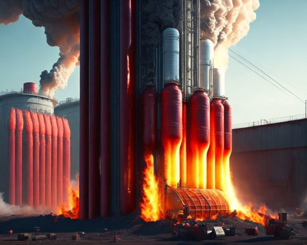 Rocket launch with massive flames and smoke against towering launch structures