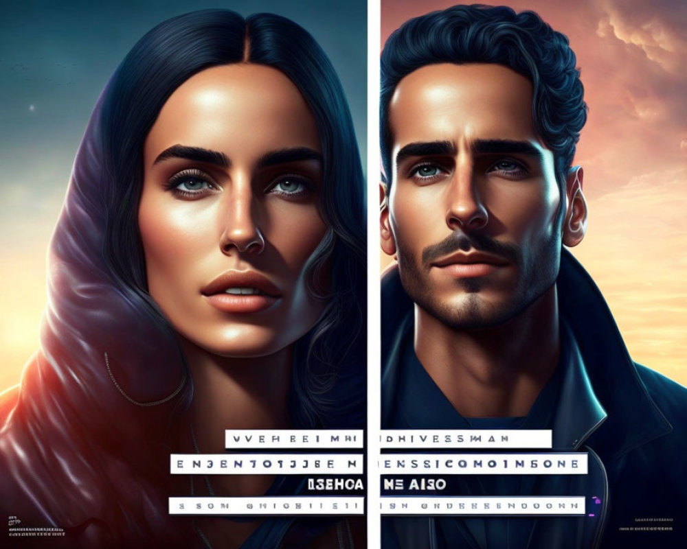 Hyper-realistic split image of man and woman with dark hair and blue eyes against sunset backdrop.