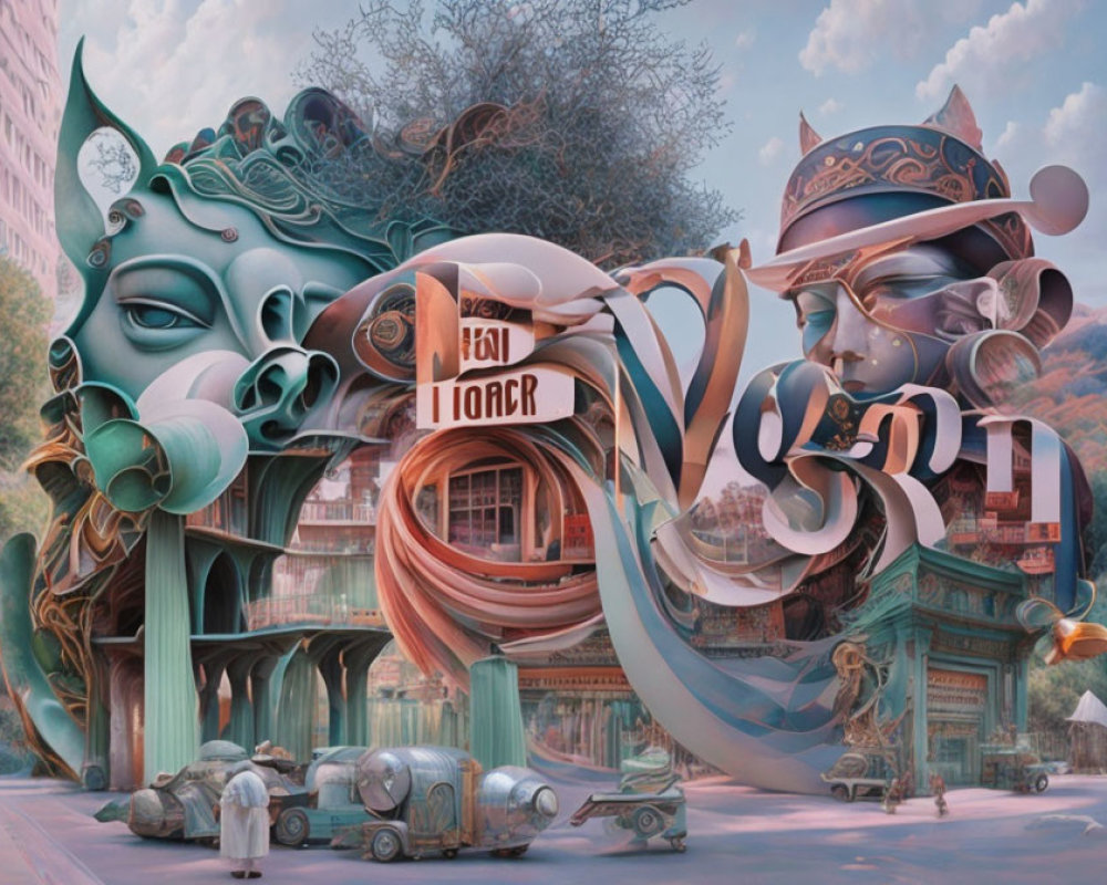 Colorful surreal artwork with abstract, architectural, and fantastical elements