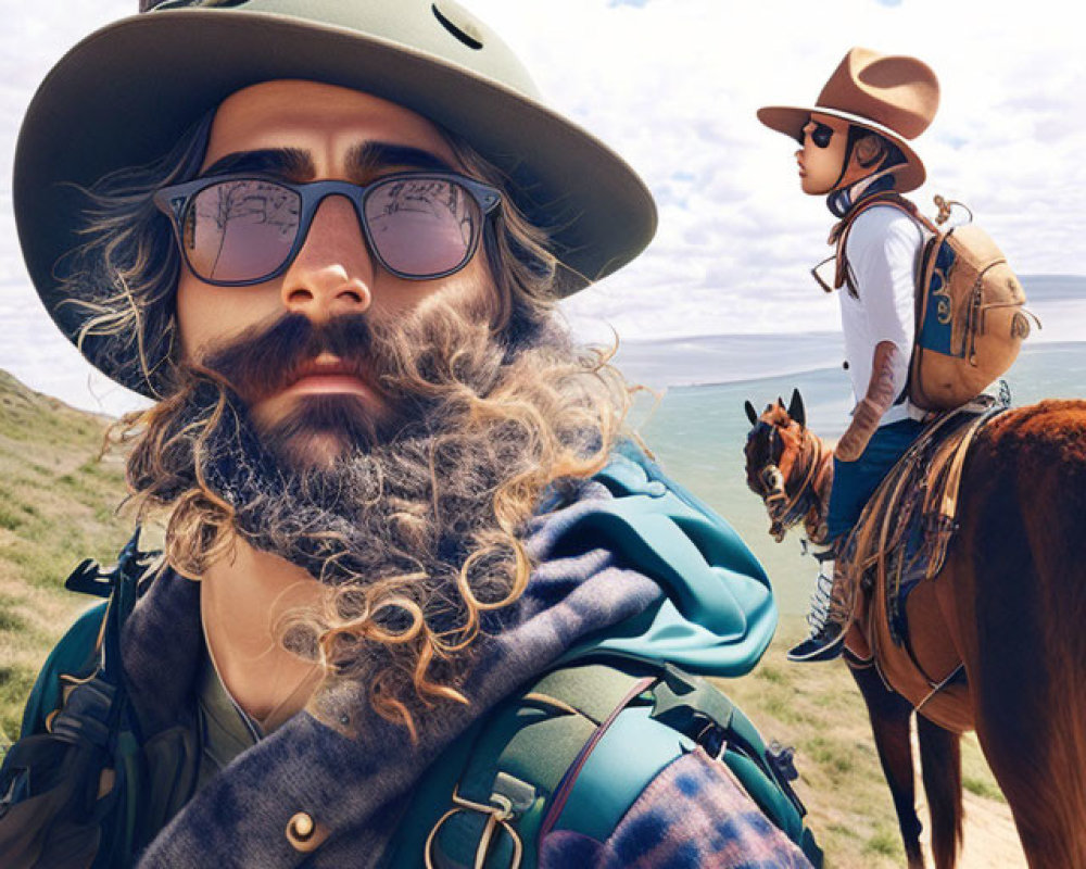 Bearded man in helmet and sunglasses with woman on horseback in adventure gear against scenic backdrop