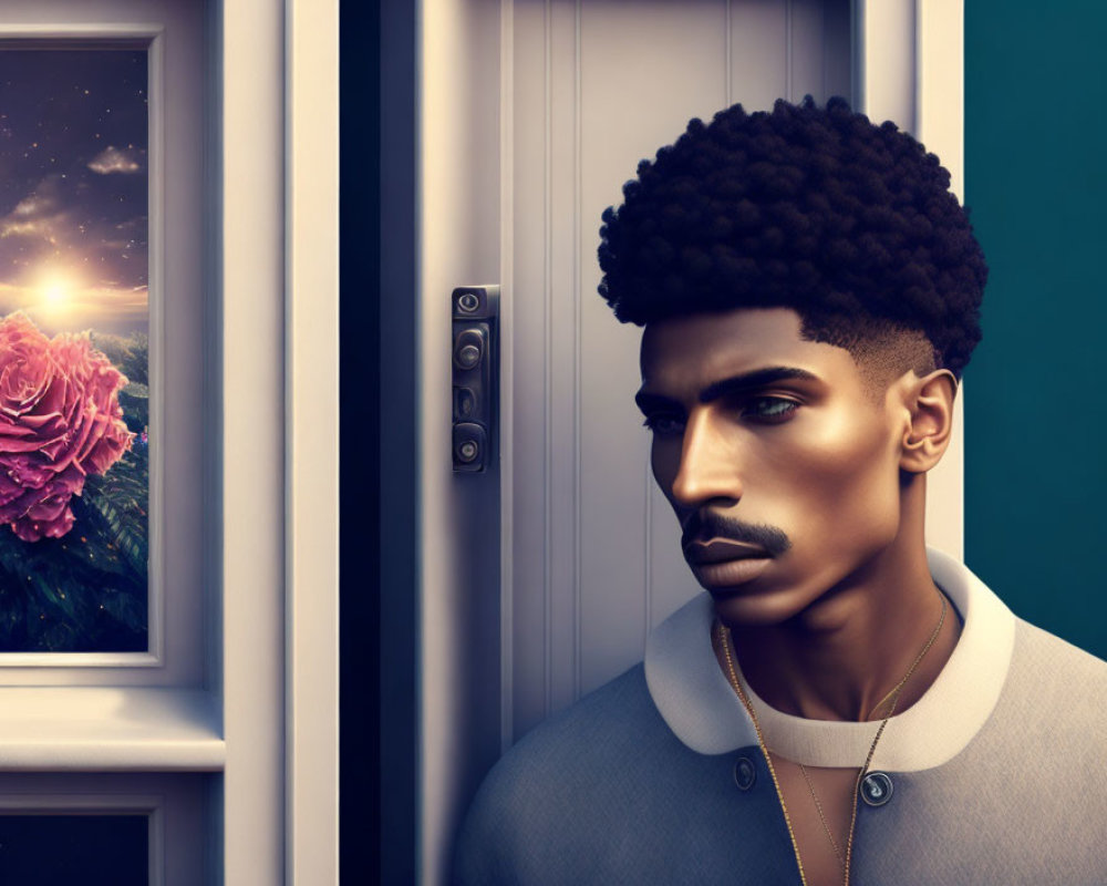 Stylized digital artwork of man with afro by door with rose and sunset.
