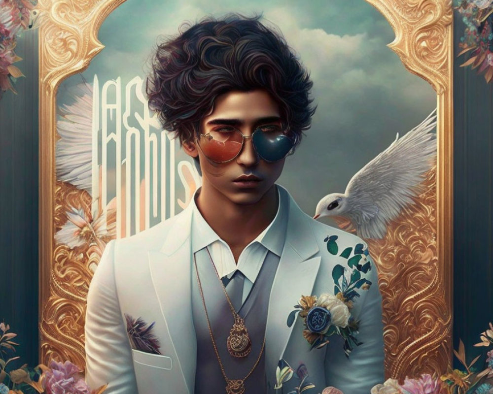 Man with wavy hair and sunglasses in white suit with floral accents, gold chain, dove, orn