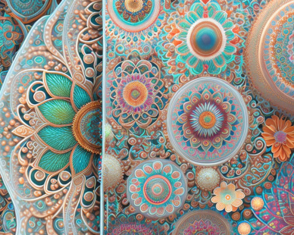 Colorful Mandala Art in Turquoise, Orange, & Gold Hues