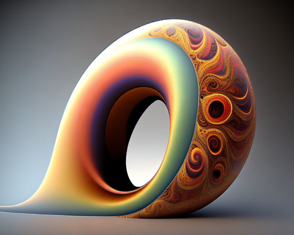 Colorful 3D digital art: surreal, swirling shape with fractal patterns