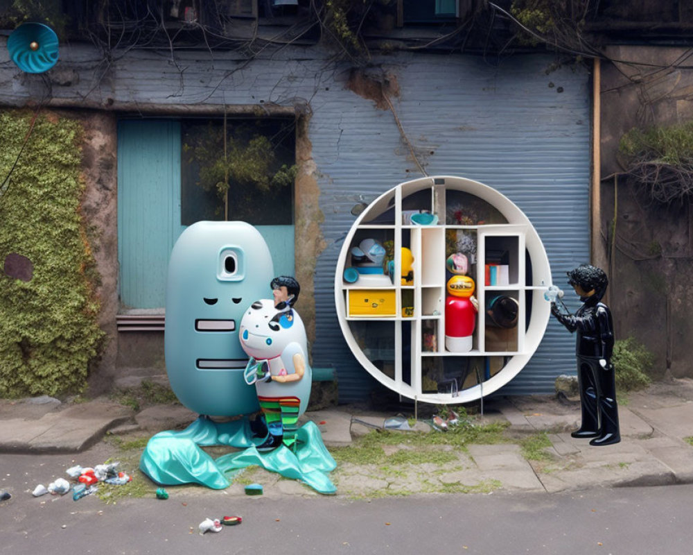 Surreal street scene with animated capsule, child-like figure, shelf, and person pointing device