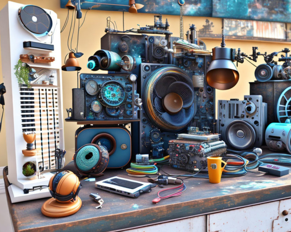 Retro-futuristic computer setup on cluttered desk