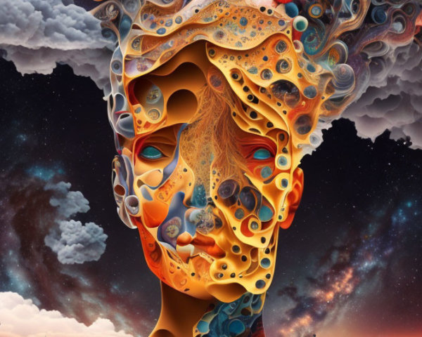 Surreal melting face art with cosmic and natural elements in oranges and blues.