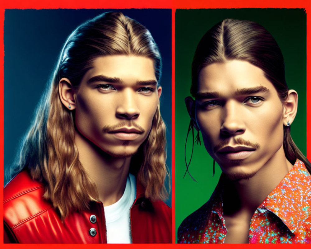 Man with Long Wavy Hair in Red Jacket and Patterned Shirt Portraits on Blue and Red Background