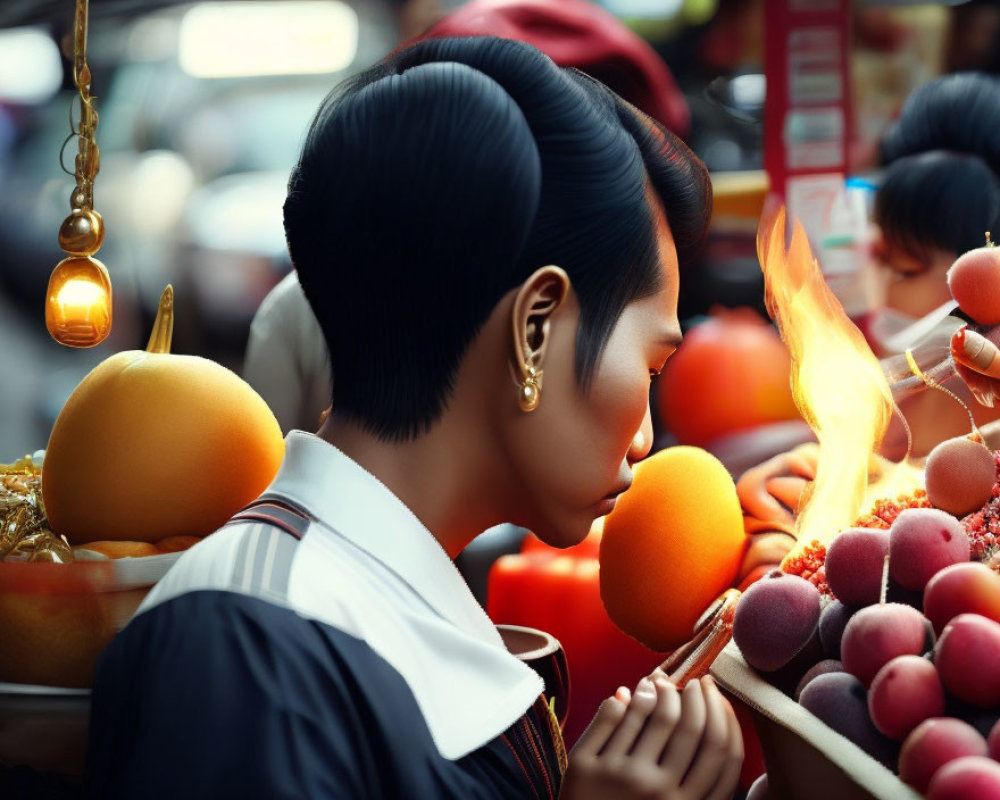 Sleek bob haircut woman at vibrant market stall