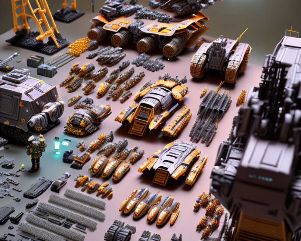 Detailed Miniature Futuristic Military Vehicles and Weapons Displayed with Dramatic Lighting